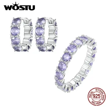 WOSTU 925 Sterling Silver Luxusné Svadobné Šperky Nastaviť Fialová Crystal Lesklé CZ Hoop Náušnice, Prstene Pre Ženy Špeciálna Párty Darček